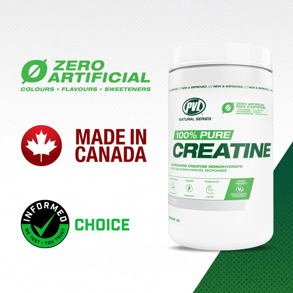 PVL 100% Pure Creatine Monohydrate Powder – Micronized Supplement for Women & Men, Unflavoured Amino Acids & Beta Alanine Friendly, Informed-Choice Tested, 1000 g (200 Servings)