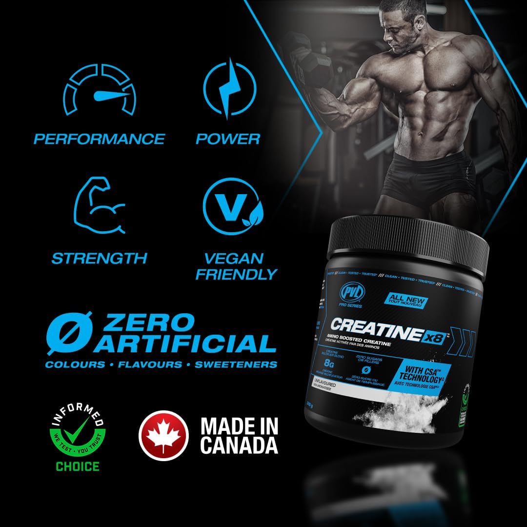 PVL Creatine X8 Advanced Multiplier – Amino Boosted Creatine Monohydrate Powder for Women & Men, Unflavoured Pre Workout Supplement with BCAAs & Amino Acids, 249 g (30 Servings)