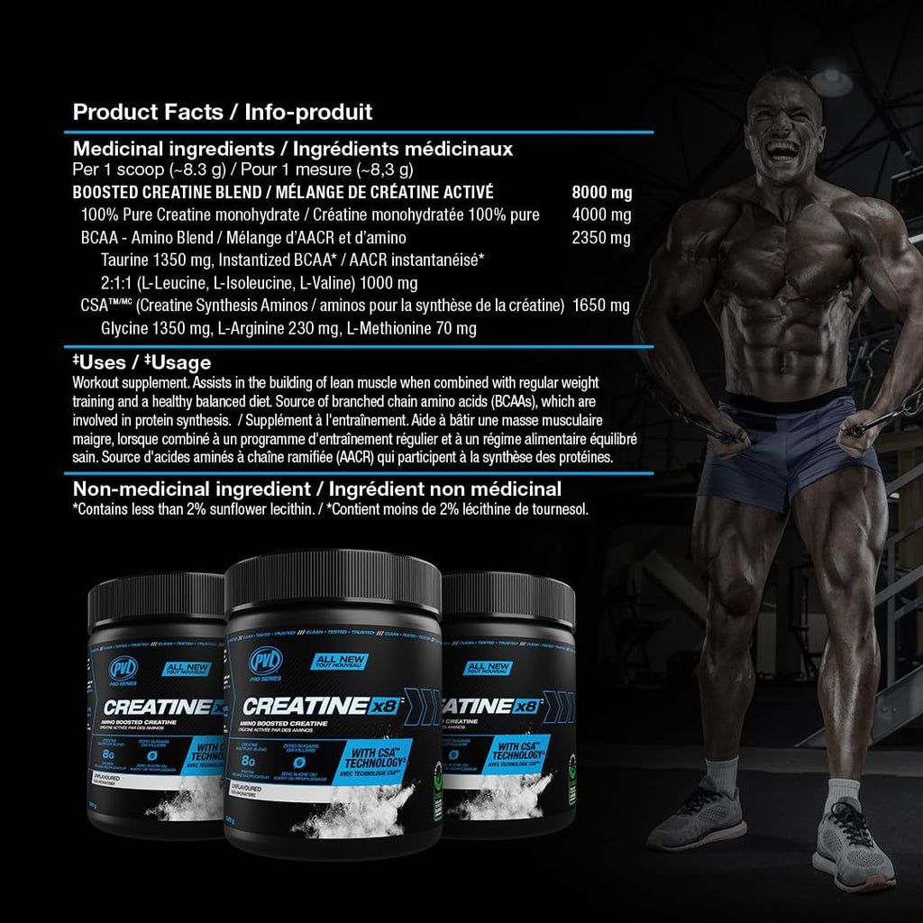 PVL Creatine X8 Advanced Multiplier – Amino Boosted Creatine Monohydrate Powder for Women & Men, Unflavoured Pre Workout Supplement with BCAAs & Amino Acids, 249 g (30 Servings)