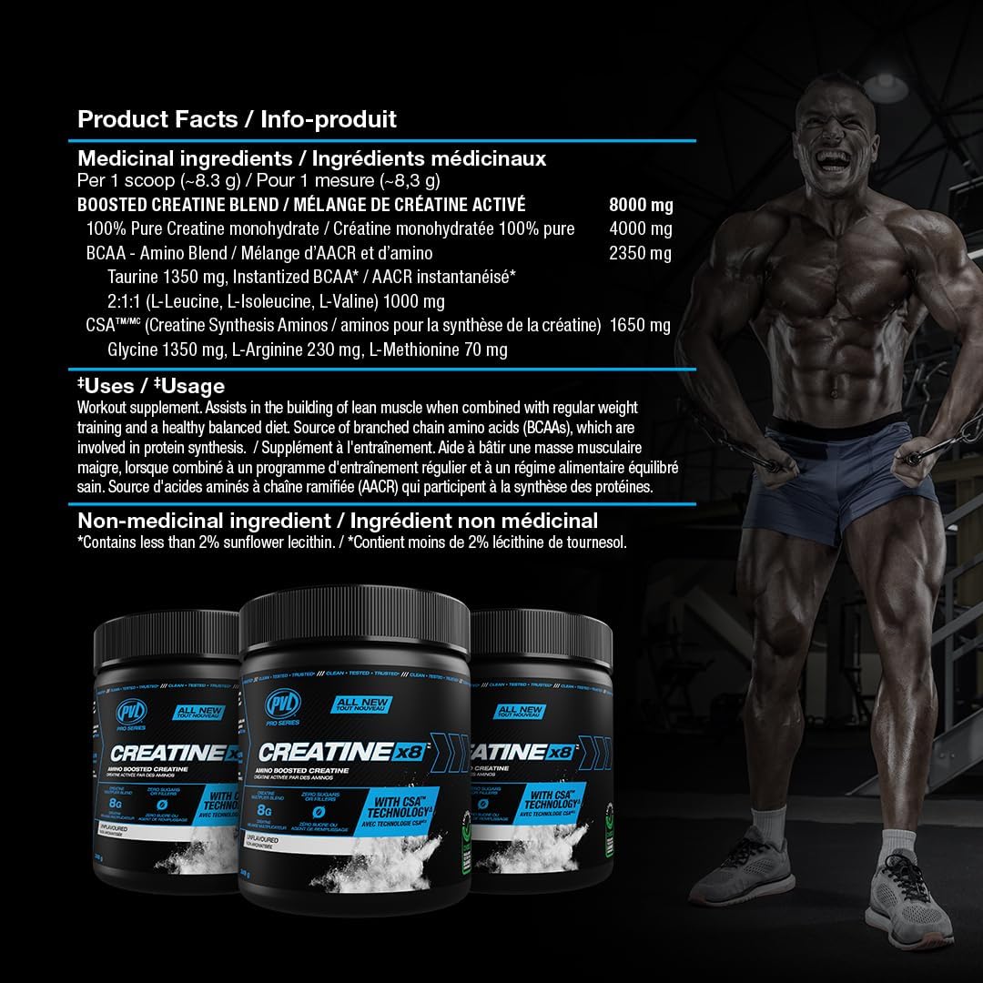PVL Creatine X8 Advanced Multiplier – Amino Boosted Creatine Monohydrate Powder for Women & Men, Unflavoured Pre Workout Supplement with BCAAs & Amino Acids, 249 g (30 Servings)