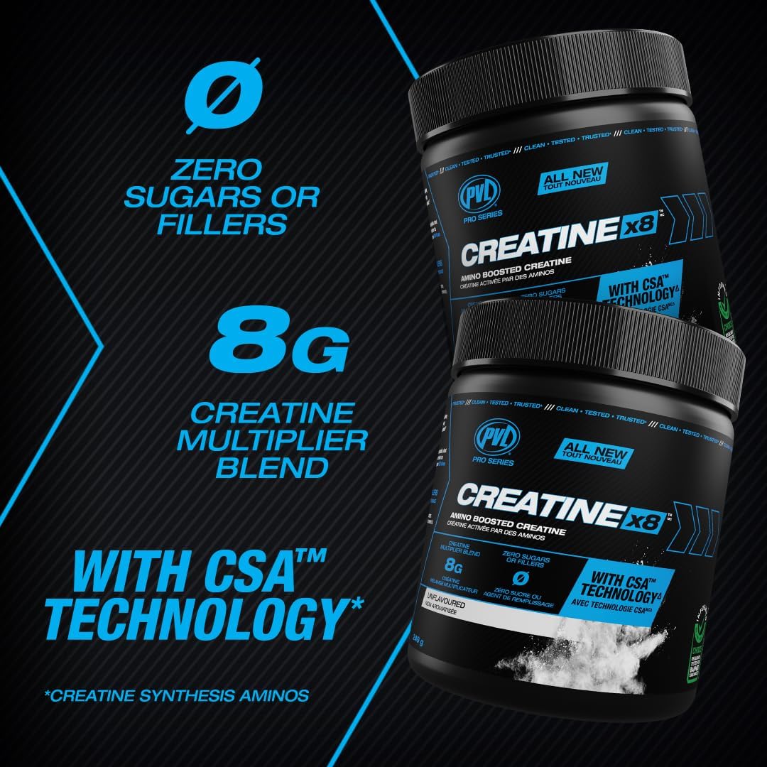 PVL Creatine X8 Advanced Multiplier – Amino Boosted Creatine Monohydrate Powder for Women & Men, Unflavoured Pre Workout Supplement with BCAAs & Amino Acids, 249 g (30 Servings)