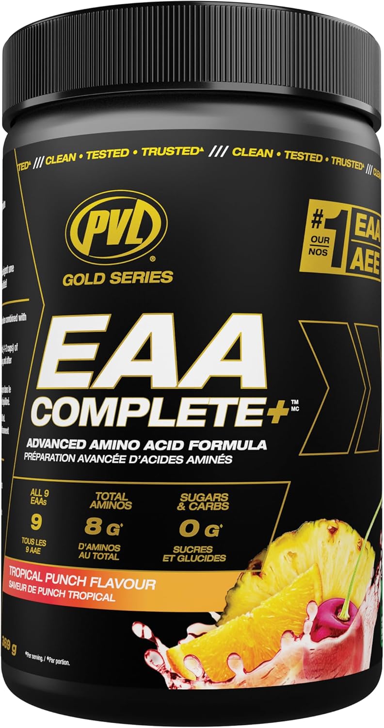 PVL EAA+BCAA COMPLETE – Essential Amino Acid Supplement with BCAAs, Electrolytes & B-Vitamins – Pre, Intra or Post Workout Powder – Icy Blue Storm, Gold Medal Grape, Tropical Punch. 30 Servings