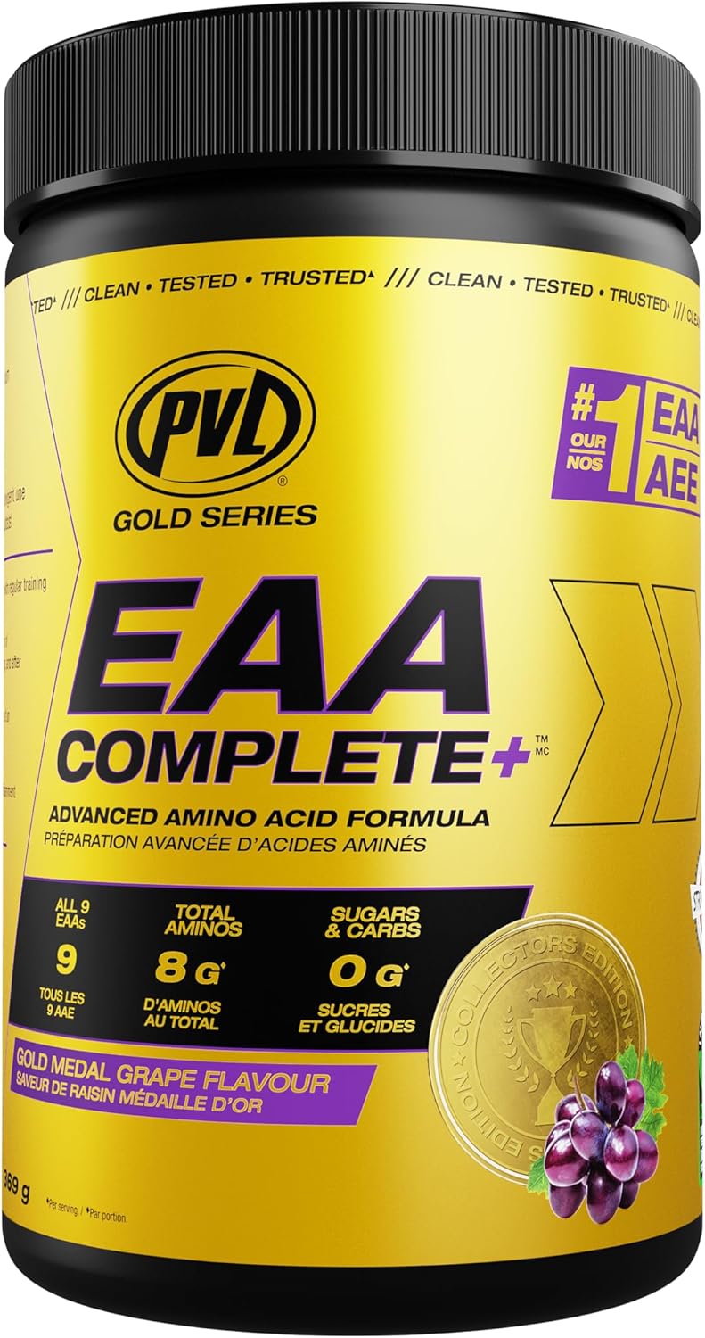 PVL EAA+BCAA COMPLETE – Essential Amino Acid Supplement with BCAAs, Electrolytes & B-Vitamins – Pre, Intra or Post Workout Powder – Icy Blue Storm, Gold Medal Grape, Tropical Punch. 30 Servings