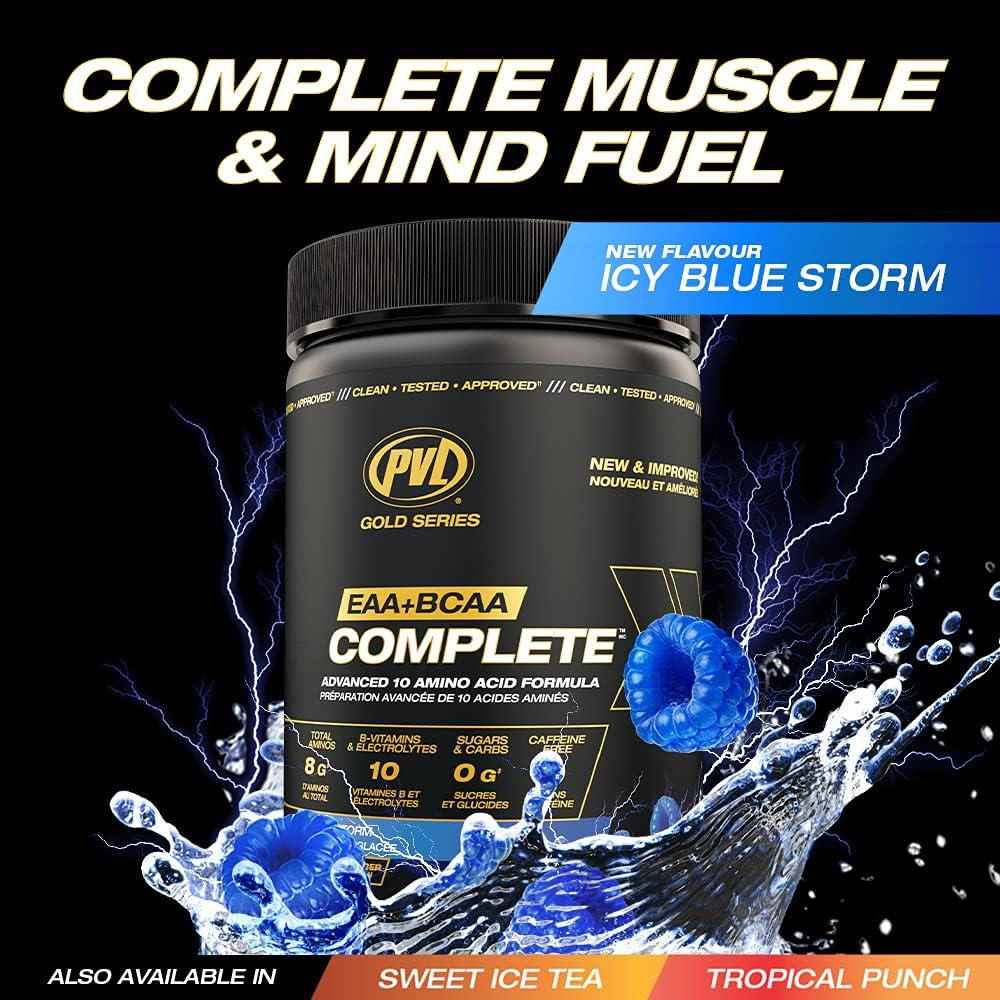 PVL EAA+BCAA COMPLETE – Essential Amino Acid Supplement with BCAAs, Electrolytes & B-Vitamins – Pre, Intra or Post Workout Powder – Icy Blue Storm, Gold Medal Grape, Tropical Punch. 30 Servings