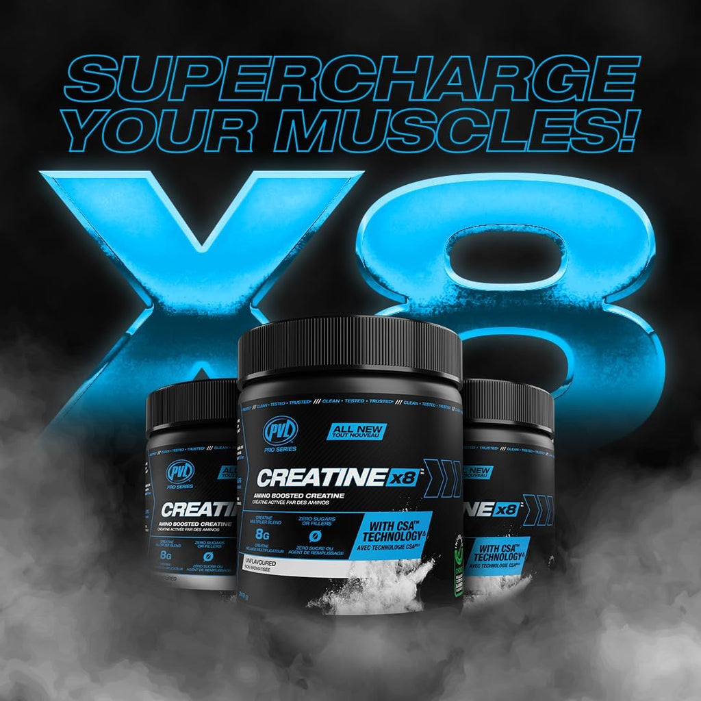 PVL Creatine X8 Advanced Multiplier – Amino Boosted Creatine Monohydrate Powder for Women & Men, Unflavoured Pre Workout Supplement with BCAAs & Amino Acids, 249 g (30 Servings)
