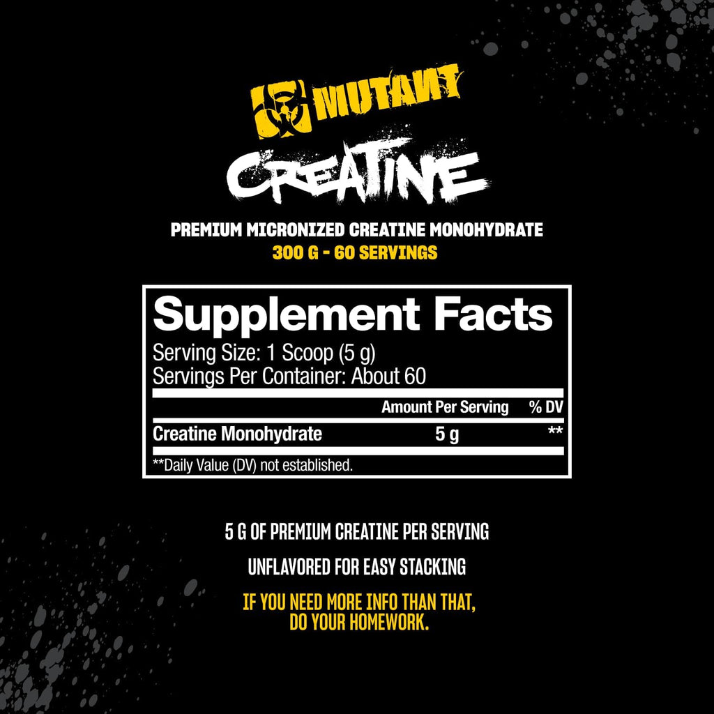 Mutant Creatine - Creatine Monohydrate Micronized Powder - Creatine Powder Supplement for enhanced high-intensity performance - 60 servings- 300 g - Unflavoured