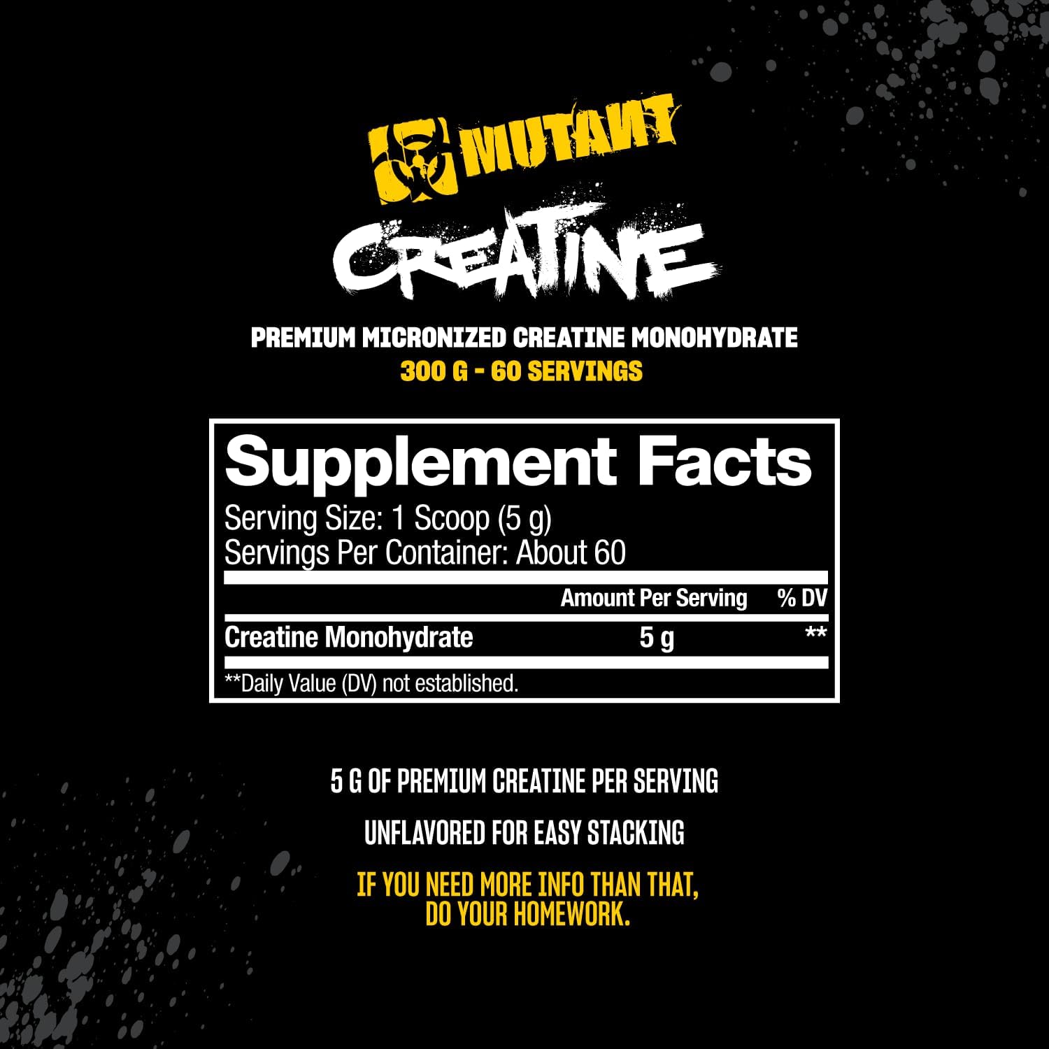 Mutant Creatine - Creatine Monohydrate Micronized Powder - Creatine Powder Supplement for enhanced high-intensity performance - 60 servings- 300 g - Unflavoured