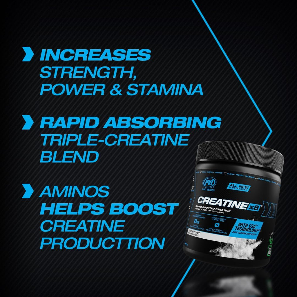PVL Creatine X8 Advanced Multiplier – Amino Boosted Creatine Monohydrate Powder for Women & Men, Unflavoured Pre Workout Supplement with BCAAs & Amino Acids, 249 g (30 Servings)