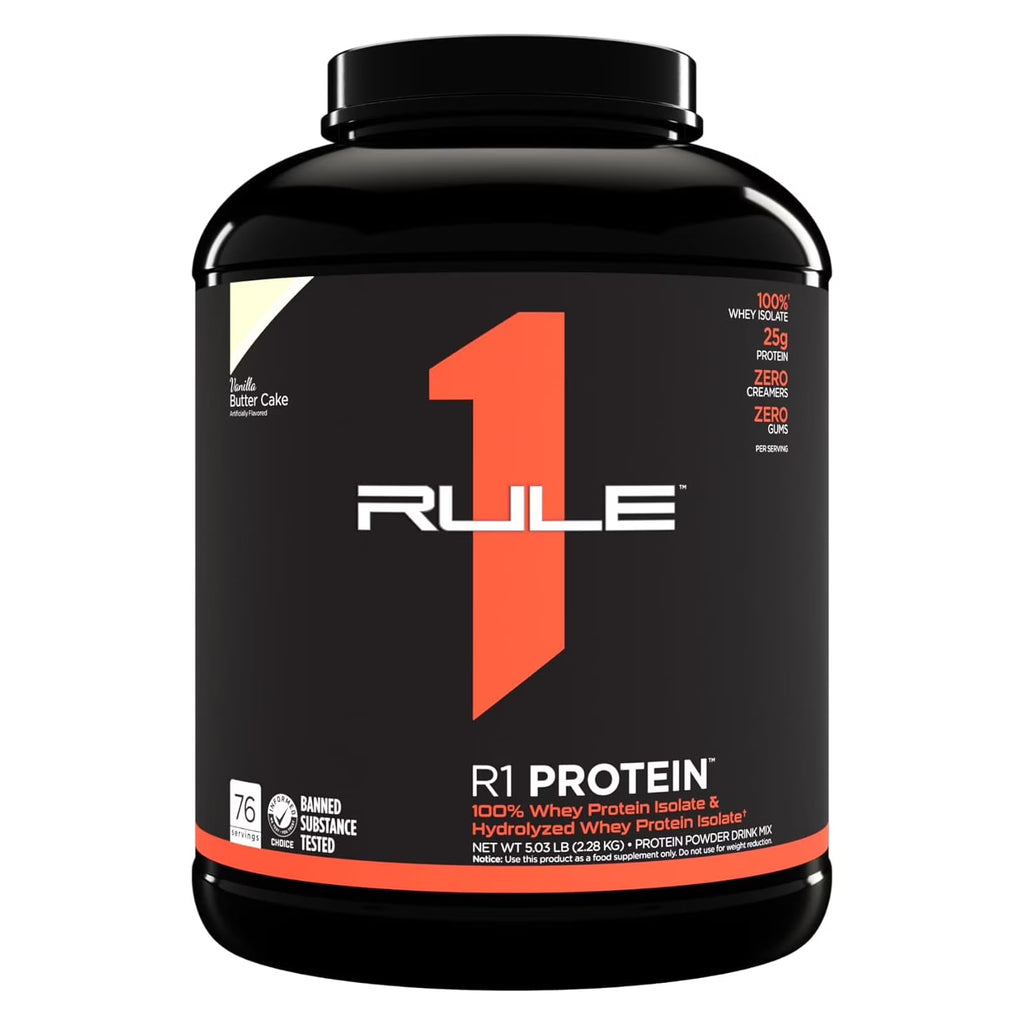 Rule 1 R1 Protein Isolate 76 serv Milk Chocolate, Cookies & Crème, Vanilla Butter Cake, Chocolate Fudge, Strawberry Banana, 5lbs 2.28 Kgs