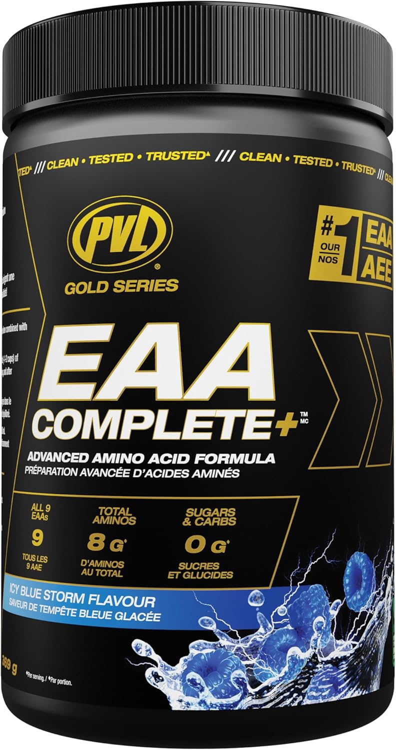 PVL EAA+BCAA COMPLETE – Essential Amino Acid Supplement with BCAAs, Electrolytes & B-Vitamins – Pre, Intra or Post Workout Powder – Icy Blue Storm, Gold Medal Grape, Tropical Punch. 30 Servings